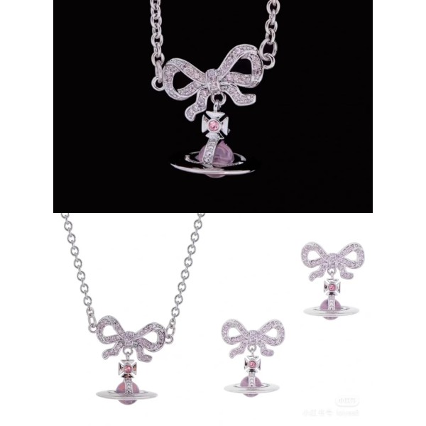 Classic brand Vivienne westwood Jewelry pink diamond necklace earrings set factory direct sales free shipping