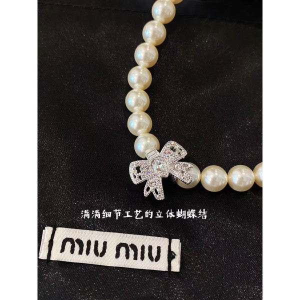 MIUMIU Swarovski Pearl Crystal Three Dimensional Bow Necklace 