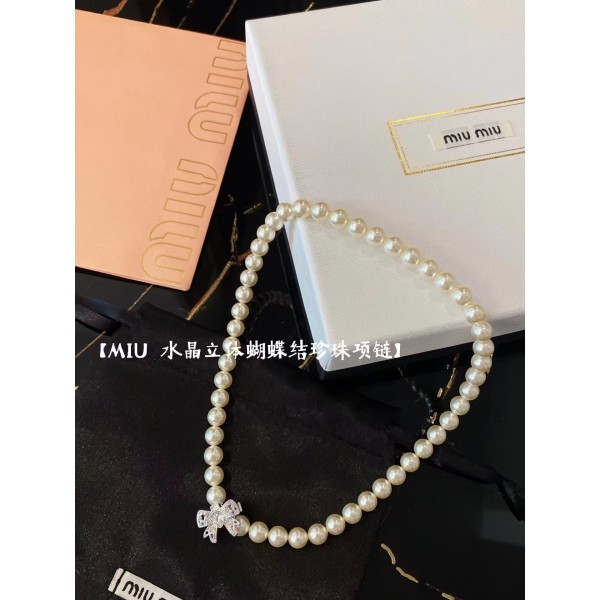 MIUMIU Swarovski Pearl Crystal Three Dimensional Bow Necklace