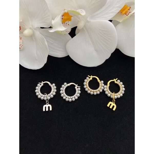 MIUMIU M letter pearl rhinestone earrings 